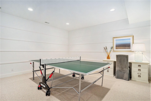 game room featuring recessed lighting, light carpet, and baseboards