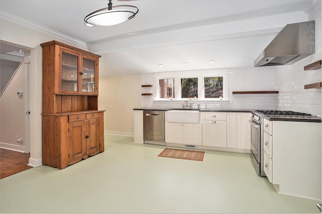 251 N St, Saugatuck, MI 49453 - kitchen featuring open shelves, appliances with stainless steel finishes, wall chimney exhaust hood, a sink, and backsplash
