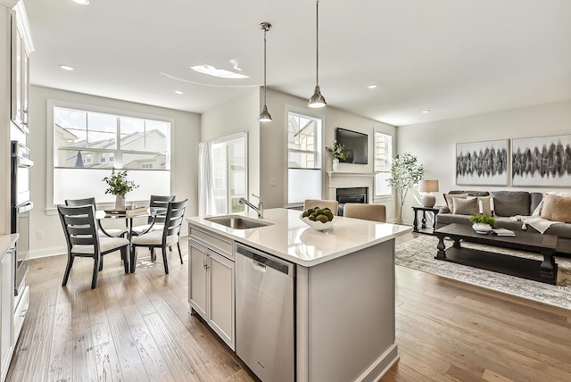kitchen featuring a fireplace, a wealth of natural light, stainless steel appliances, and a sink