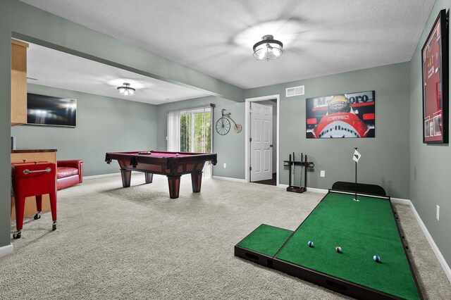 5849 Gavin Ln, Kalamazoo, MI 49009 - game room featuring a textured ceiling, pool table, visible vents, carpet flooring, and baseboards