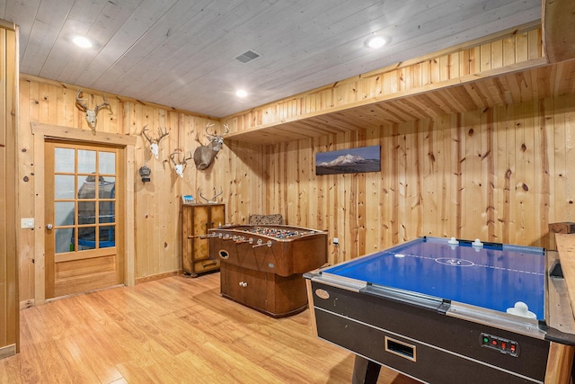 7812 Fountain Hills Ln, Davisburg, MI 48350 - game room featuring wood walls, light wood-style flooring, wooden ceiling, and recessed lighting