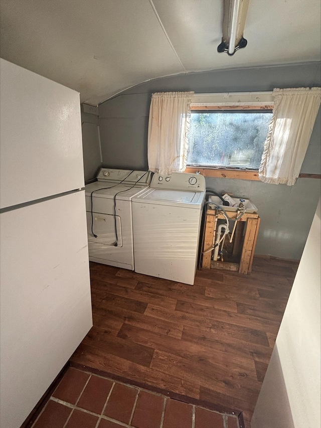 215 E Liberty Rd, Cement City, MI 49233 - washroom featuring laundry area, washing machine and dryer, and dark wood-type flooring