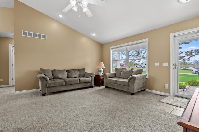 51441 Jordan St, Paw Paw, MI 49079 - carpeted living area featuring vaulted ceiling, a ceiling fan, and recessed lighting