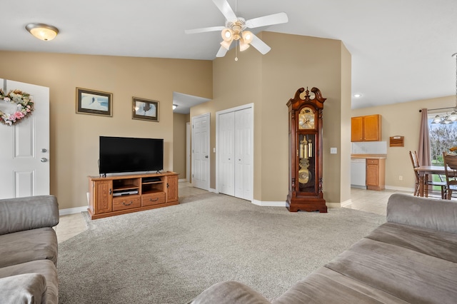 51441 Jordan St, Paw Paw, MI 49079 - living room with ceiling fan, high vaulted ceiling, and light carpet