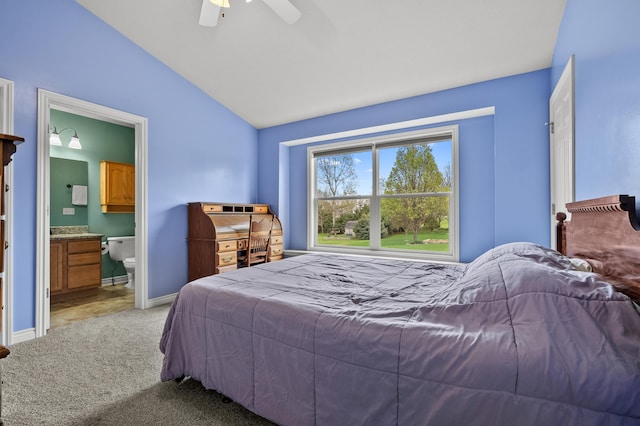 51441 Jordan St, Paw Paw, MI 49079 - bedroom with light carpet, vaulted ceiling, ceiling fan, and ensuite bath
