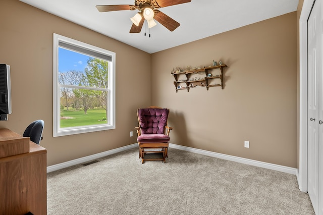 51441 Jordan St, Paw Paw, MI 49079 - living area featuring carpet flooring, a ceiling fan, and a desk