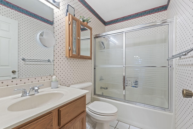 2448 Shoreham Highlands Dr, Saint Joseph, MI 49085 - bathroom featuring toilet, shower / bath combination with glass door, wallpapered walls, tile patterned floors, and vanity