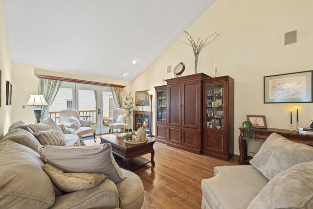2448 Shoreham Highlands Dr, Saint Joseph, MI 49085 - living area featuring visible vents, light wood-style flooring, a glass covered fireplace, and high vaulted ceiling