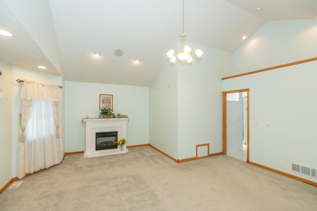 1060 Briarwood Ct, Norton Shores, MI 49441 - unfurnished living room with vaulted ceiling, an inviting chandelier, baseboards, carpet flooring, and visible vents