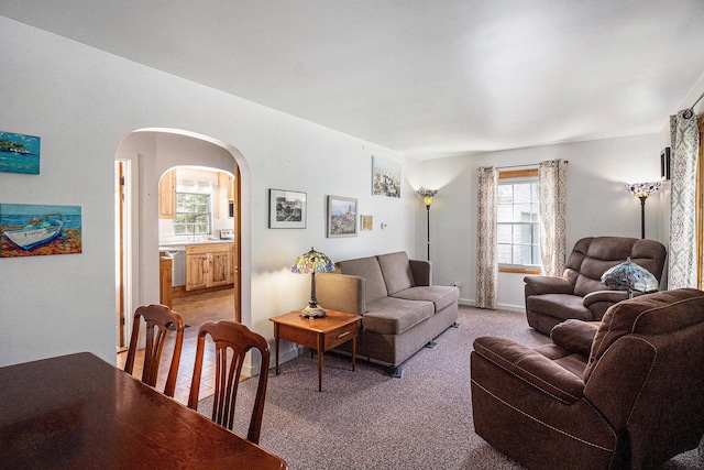 3175 Kalmbach Rd, Grass Lake, MI 49240 - living area with arched walkways, light carpet, and healthy amount of natural light