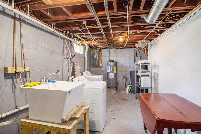3175 Kalmbach Rd, Grass Lake, MI 49240 - below grade area with water heater, washer and clothes dryer, electric panel, and a sink