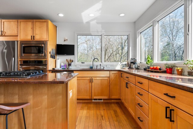 4138 W Loch Alpine Dr, Ann Arbor, MI 48103 - kitchen with appliances with stainless steel finishes, a sink, dark stone countertops, light wood-style flooring, and recessed lighting