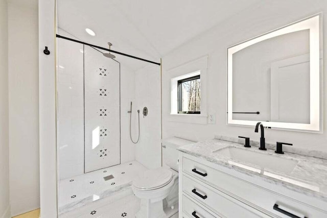 bathroom with toilet, vanity, and a stall shower