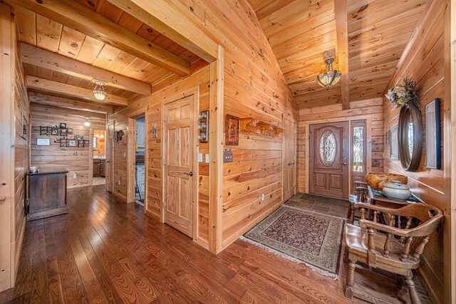 11365 Phal Rd, Grass Lake, MI 49240 - entrance foyer featuring wood ceiling, dark wood finished floors, vaulted ceiling with beams, and wooden walls