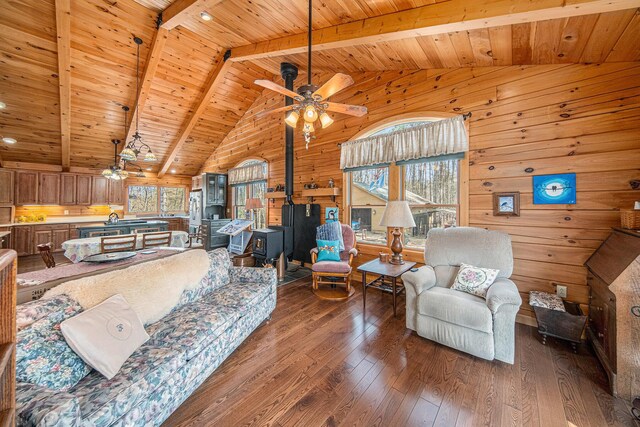 11365 Phal Rd, Grass Lake, MI 49240 - living room with hardwood / wood-style floors, beam ceiling, wood ceiling, and ceiling fan