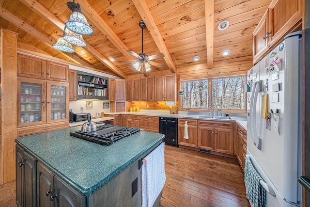 11365 Phal Rd, Grass Lake, MI 49240 - kitchen featuring a sink, vaulted ceiling with beams, wooden ceiling, black appliances, and wood-type flooring