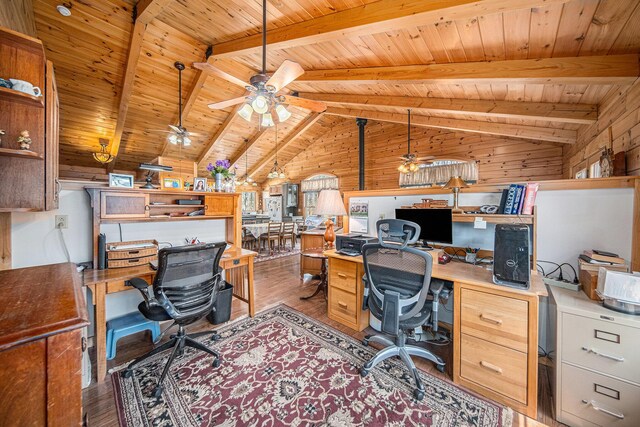 11365 Phal Rd, Grass Lake, MI 49240 - office area with wood walls, wood finished floors, a ceiling fan, wood ceiling, and lofted ceiling with beams