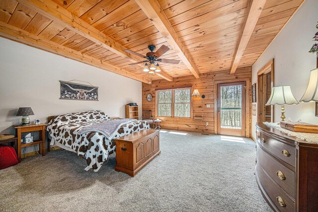 11365 Phal Rd, Grass Lake, MI 49240 - bedroom with carpet floors, wooden ceiling, wood walls, access to outside, and beam ceiling
