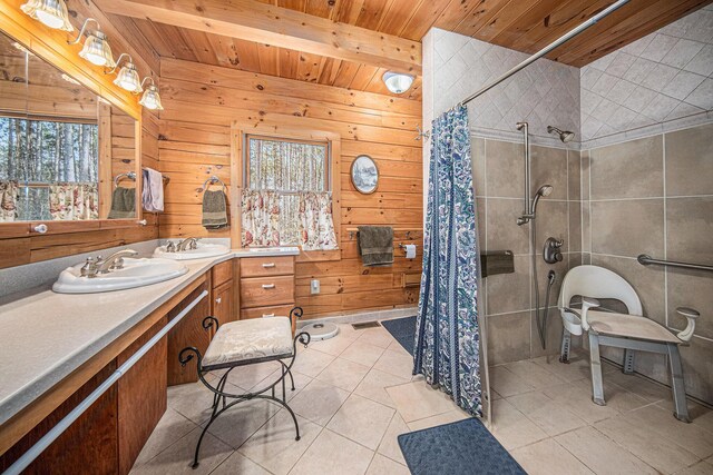 11365 Phal Rd, Grass Lake, MI 49240 - full bathroom with a tile shower, a wealth of natural light, tile patterned floors, and wooden ceiling