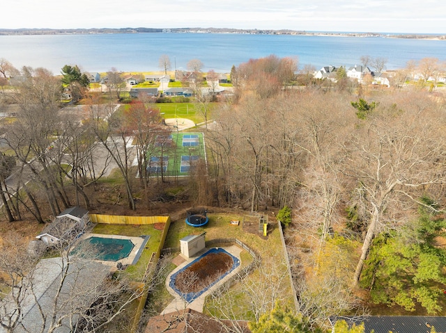 bird's eye view with a water view