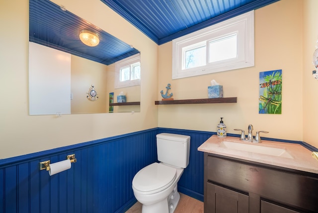 bathroom with vanity, toilet, a wainscoted wall, and a decorative wall