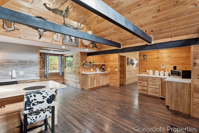 kitchen with dark wood finished floors, wood walls, light countertops, wood ceiling, and lofted ceiling with beams
