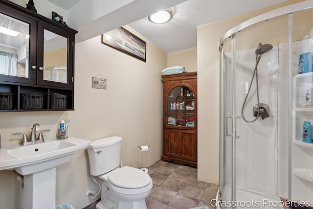 bathroom with toilet, a sink, and a stall shower