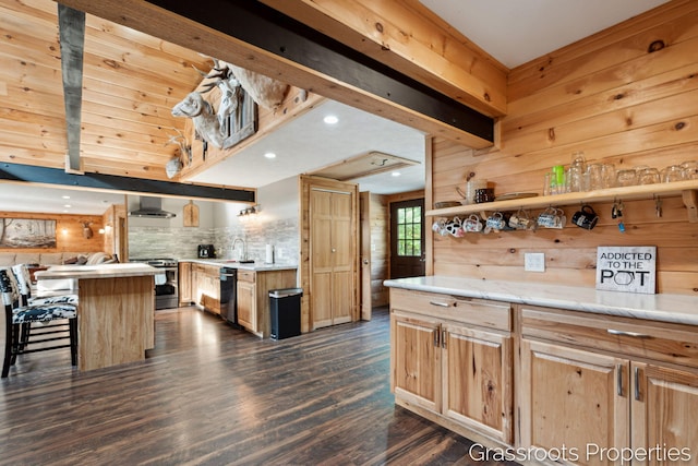 kitchen with a kitchen breakfast bar, dishwashing machine, wall chimney exhaust hood, decorative backsplash, and electric range