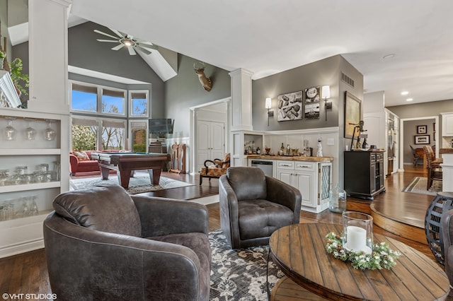 1888 Boardwalk, Saint Joseph, MI 49085 - living area with indoor bar, visible vents, a ceiling fan, billiards, and dark wood-type flooring