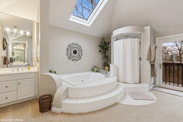 1888 Boardwalk, Saint Joseph, MI 49085 - full bathroom featuring vaulted ceiling with skylight, a garden tub, vanity, and a shower with curtain