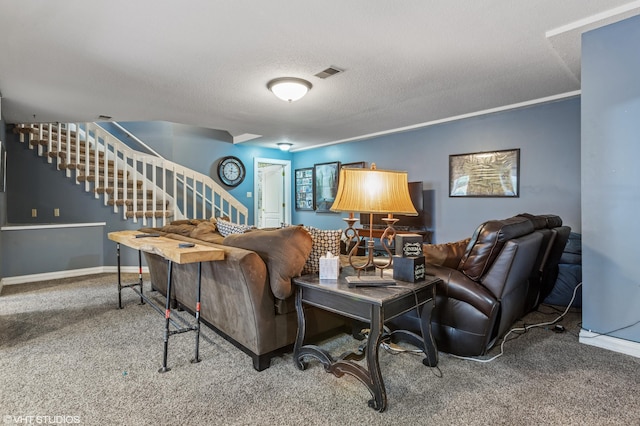 1888 Boardwalk, Saint Joseph, MI 49085 - carpeted living area with stairway, baseboards, a textured ceiling, and visible vents