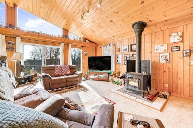 living room with lofted ceiling, rail lighting, wood walls, and a wood stove
