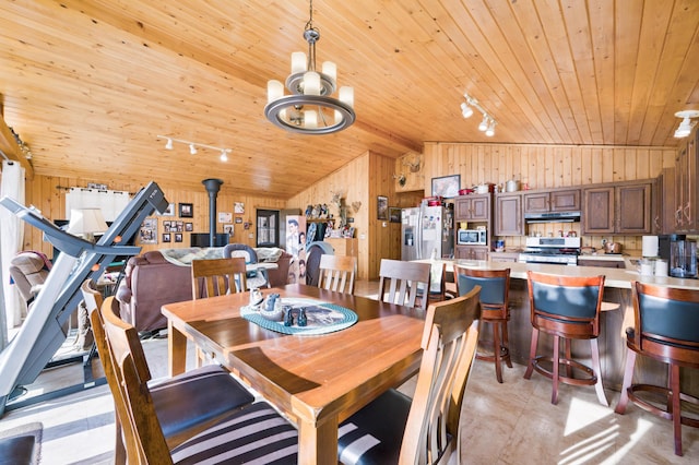 dining area with wood walls, rail lighting, lofted ceiling, and wooden ceiling