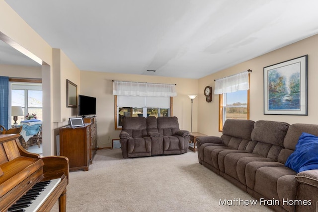 living area with light colored carpet and a wealth of natural light