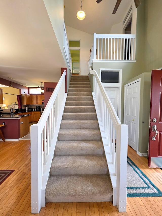 5795 Versailles Ave, Ann Arbor, MI 48103 - staircase featuring hardwood / wood-style flooring and a ceiling fan
