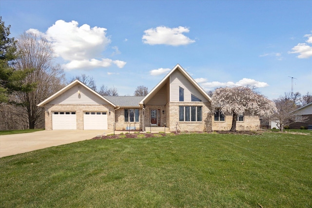 6030 Paw Paw Lake Rd, Coloma, MI 49038 - view of front of property with an attached garage, brick siding, a front yard, and concrete driveway