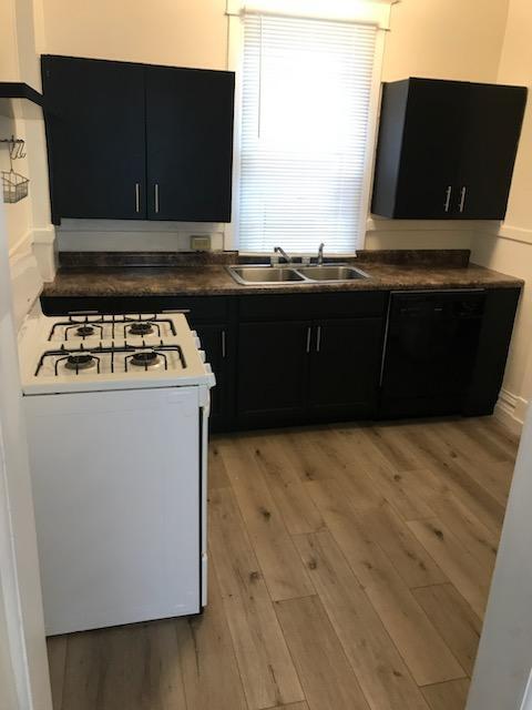 806 Wheaton Ave, Kalamazoo, MI 49008 - kitchen featuring white gas stove, black dishwasher, dark cabinetry, and a sink