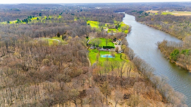 bird's eye view featuring a wooded view and a water view