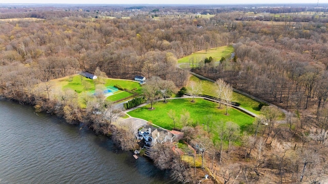 aerial view featuring a view of trees and a water view