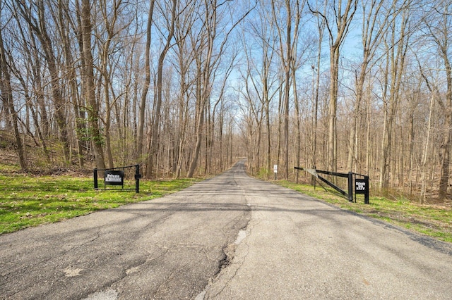 view of road featuring a forest view