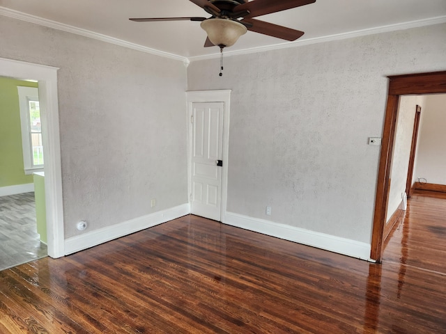36707 Goddard Rd, Romulus, MI 48174 - empty room with a ceiling fan, baseboards, ornamental molding, and wood finished floors