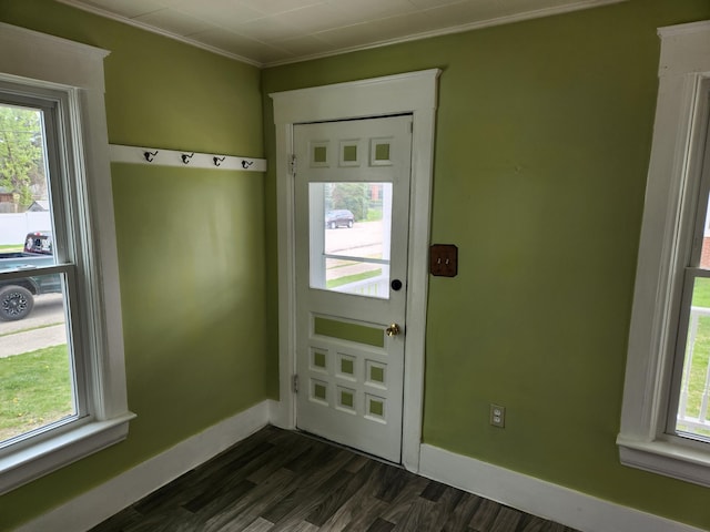 36707 Goddard Rd, Romulus, MI 48174 - entryway featuring crown molding, baseboards, and dark wood-style floors