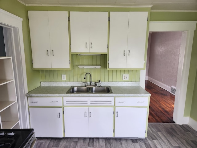 36707 Goddard Rd, Romulus, MI 48174 - kitchen with baseboards, a sink, dark wood-style floors, and light countertops