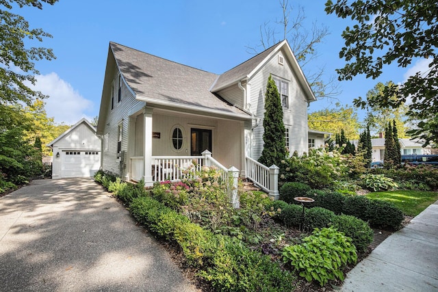 view of front of house with aphalt driveway, a shingled roof, an outbuilding, covered porch, and a garage