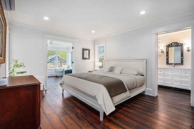 bedroom featuring baseboards, crown molding, dark wood-type flooring, and recessed lighting
