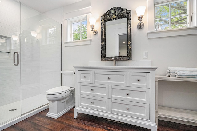 full bathroom with a shower stall, wood finished floors, toilet, and vanity