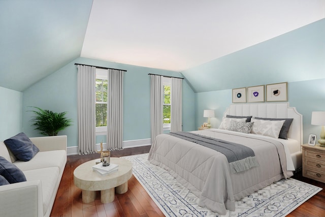 bedroom featuring vaulted ceiling, dark wood-type flooring, and baseboards