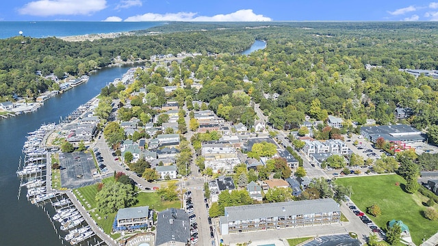 drone / aerial view featuring a water view and a wooded view