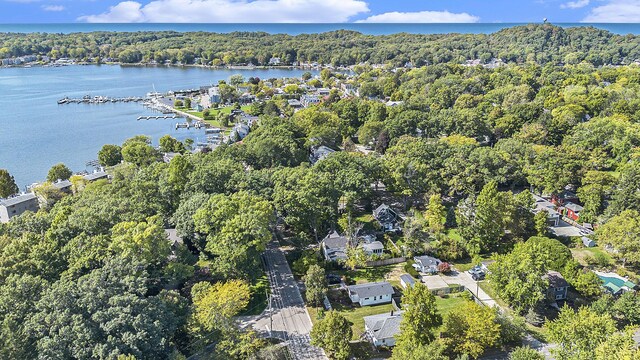 aerial view with a view of trees and a water view