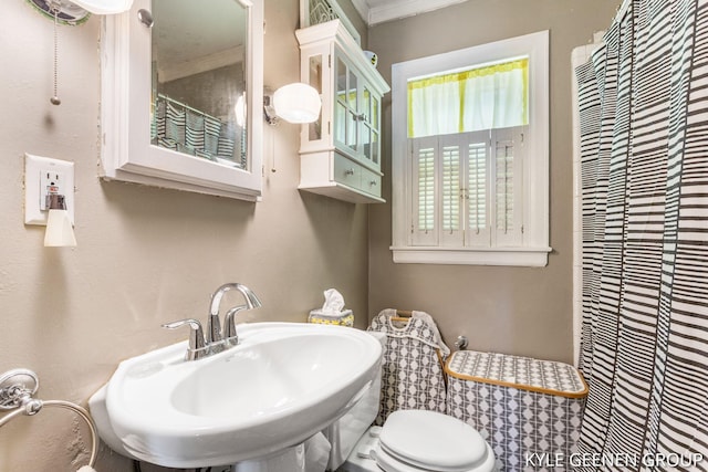 full bath featuring a sink, toilet, a shower with shower curtain, and crown molding